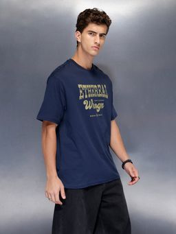 WROGN - Navy Blue Typography Crew Neck Oversized T-Shirt