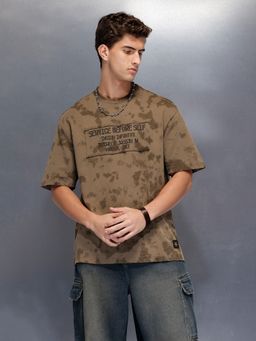 WROGN - Brown Tie & Dye Crew Neck Oversized T-Shirt