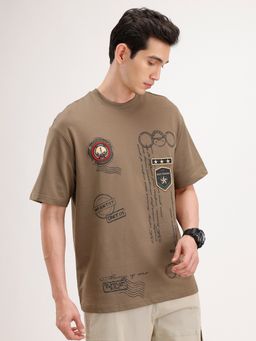 WROGN - Brown Typography Crew Neck Oversized T-Shirt