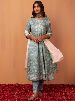 Indya - Blue Floral Jaal Print Cotton Anarkali Kurta with Pants and Dupatta (Set of 3)