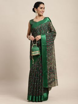 Odette - Cotton Silk Green Printed Saree with Unstitched Blouse