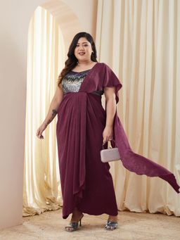 Miss Chase - A+ Luxe Curve Collection Plus Size Women's Wine Embellished Ethnic Dress