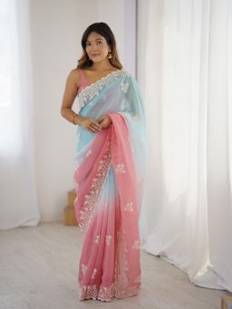 Varanga - Ombre Pink Organza Saree With Unstitched Blouse