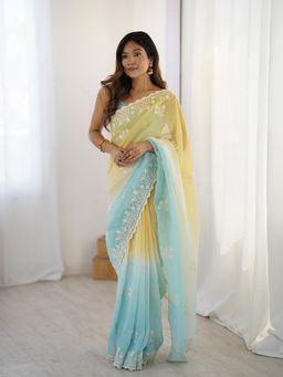Varanga - Yellow Organza Saree With Unstitched Blouse