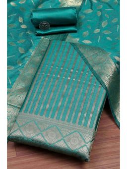 Biba - Women Turquoise Banarasi Woven Unstitched Kurta With Bottom & Dupatta