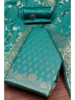 Biba - Women Turquoise Banarasi Woven Unstitched Kurta With Bottom & Dupatta