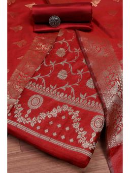 Biba - Women Red Banarasi Chanderi Banarasi Woven Unstitched Kurta With Bottom & Dupatta