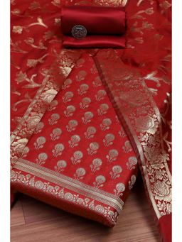 Biba - Women Red Banarasi Chanderi Banarasi Woven Unstitched Kurta With Bottom & Dupatta