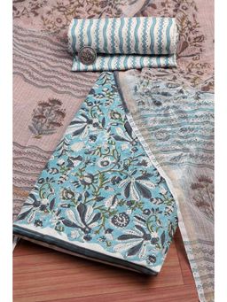Biba - Women Sky Blue Cotton Hand Block Print Unstitched Kurta With Bottom & Dupatta