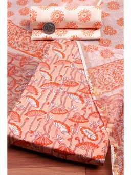 Biba - Women Beige Cotton Hand Block Print Unstitched Kurta With Bottom & Dupatta