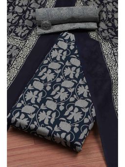 Biba - Women Indigo Cotton Screen Print Unstitched Kurta With Bottom & Dupatta