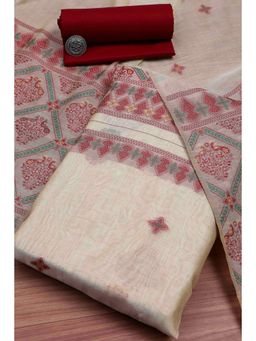 Biba - Women Maroon & Black Cotton Jamdani Unstitched Kurta With Bottom & Dupatta