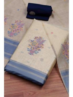 Biba - Women Blue Cotton Jamdani Unstitched Kurta With Bottom & Dupatta