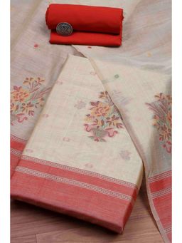 Biba - Women Rust Cotton Jamdani Unstitched Kurta With Bottom & Dupatta