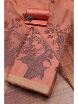 Biba - Women Peach Cotton Jamdani Unstitched Kurta With Bottom & Dupatta