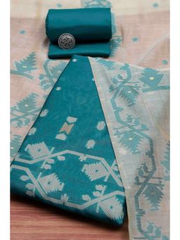 Biba - Women Teal Cotton Jamdani Unstitched Kurta With Bottom & Dupatta