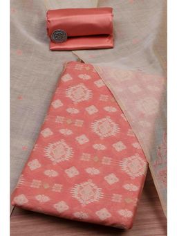 Biba - Women Peach Cotton Jamdani Unstitched Kurta With Bottom & Dupatta