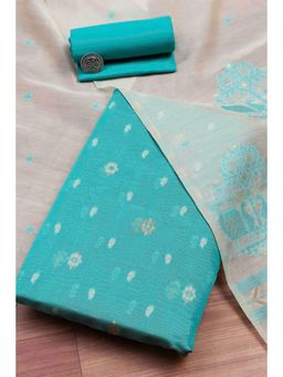Biba - Women Teal Cotton Jamdani Unstitched Kurta With Bottom & Dupatta