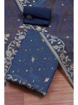 Biba - Women Blue Cotton Jamdani Unstitched Kurta With Bottom & Dupatta