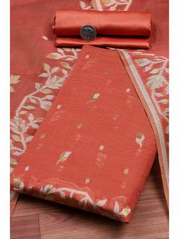 Biba - Women Rust Cotton Jamdani Unstitched Kurta With Bottom & Dupatta