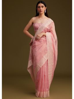 KALKI FASHION - Light Pink Tissue Sequin & Resham Thread Work Saree With Unstitched Blouse
