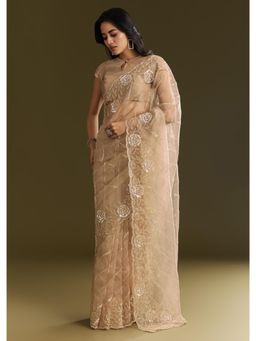 KALKI FASHION - Beige Floral Embellished & Scallop Border Tissue Saree With Unstitched Blouse
