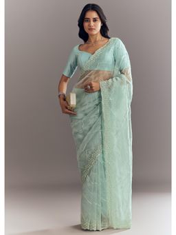 KALKI FASHION - Light Blue Embellished & Scallop Border Glass Tissue Saree With Unstitched Blouse