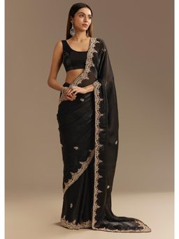 KALKI FASHION - Black Satin Sequins & Scallop Border Saree With Unstitched Blouse
