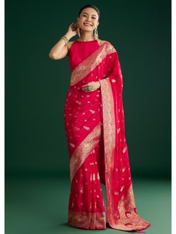 KALKI FASHION - Rani Pink Dola Silk Zari & Stone Embellished Saree With Unstitched Blouse