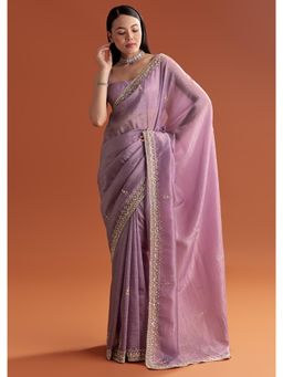 KALKI FASHION - Mauve Butti & Border Embroidery Tissue Saree With Unstitched Blouse