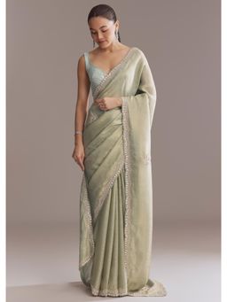 KALKI FASHION - Mint Green Satin With Sequin & Bead Embroidery Saree With Unstitched Blouse