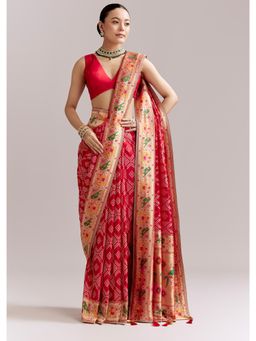 KALKI FASHION - Red Dola Silk Woven Bandhani Motifs & Zari Border Saree With Unstitched Blouse