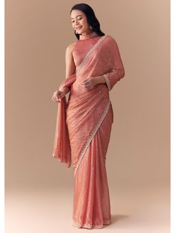 KALKI FASHION - Peach Jacquard Print Tissue Saree With Unstitched Blouse