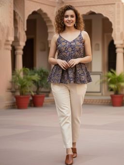 Varanga - Floral Print Cotton Peplum Top
