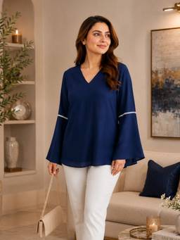 Qurvii - Navy Blue V- Neck Top