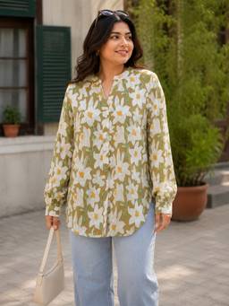 Qurvii - Floral Print Moss Crepe Olive Shirt