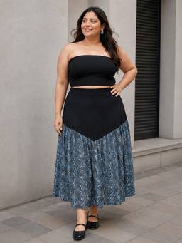 Qurvii - Snake Print Yoke Black Maxi Skirt