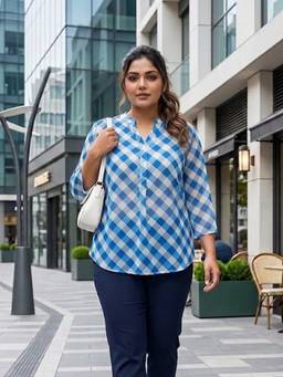 Qurvii - Blue Georgette Mandarin Collar Shirt