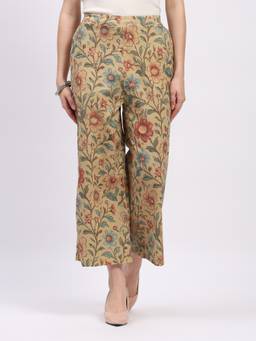 Global Republic - Cotton Floral Print Straight Fit Beige Trouser For Women (Beige, S)