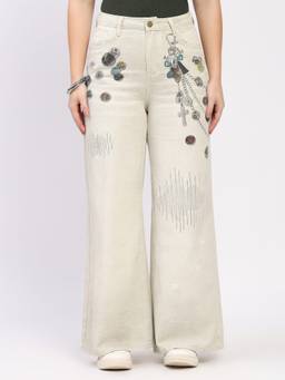 Global Republic - Denim Printed Loose Fit Straight Beige Jeans