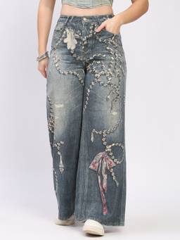 Global Republic - Denim Printed Loose Fit Straight Blue Jeans
