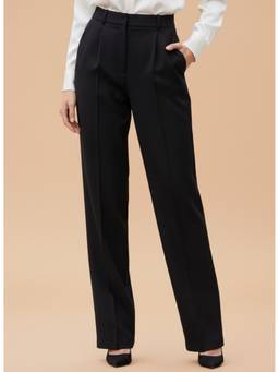 AM SWAN - Women'S Luxury Banana Crepe Straight Fit With Flap Pocket Black Trouser