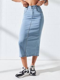 DOLCE CRUDO - Women'S Light Blue Straight High Rise Midi Denim Denim Skirt