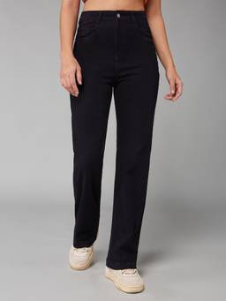 DOLCE CRUDO - Women'S Black Straight High Rise Stretchable Denim Jeans
