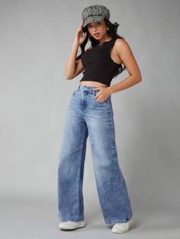 DOLCE CRUDO - Women'S Light Blue Wide-Leg High-Rise Stretchable Shaping Denim Jeans