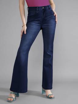 DOLCE CRUDO - Women'S Navy Blue High-Rise Clean-Look Stretchable Bootcut Denim Jeans