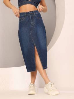 DOLCE CRUDO - Women'S Dark Blue A-Line High-Rise Clean-Look Denim Midi Skirt