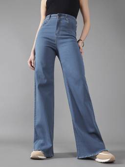 DOLCE CRUDO - Women'S Mid Blue Wide-Leg High-Rise Clean-Look Stretchable Denim Jeans