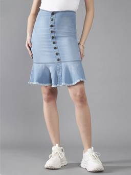 DOLCE CRUDO - Women'S Blue Regular Fit Mid Rise Clean Look Midi Denim Skirt