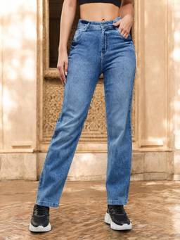 DOLCE CRUDO - Women Light Blue Wideleg Fit High Rise Clean Look Stretchable Denim Jeans